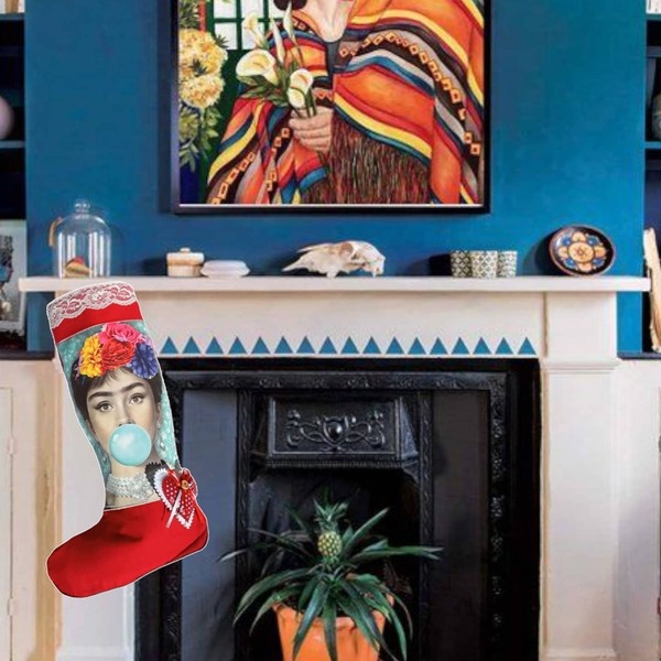 Χριστουγεννιάτικη μπότα frida kahlo / Audrey Hepburn - ύφασμα, διακοσμητικά, frida kahlo - 2