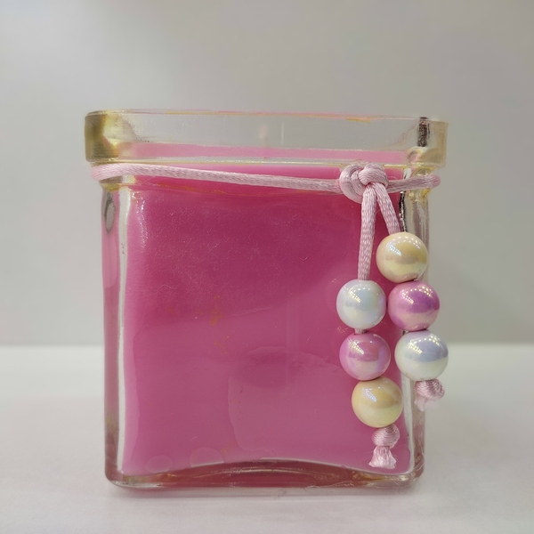 Κερί χειροποίητο ρόζ με άρωμα φράουλα σε τετράγωνο γυάλινο βάζο 7εκ Χ7 - αρωματικά κεριά