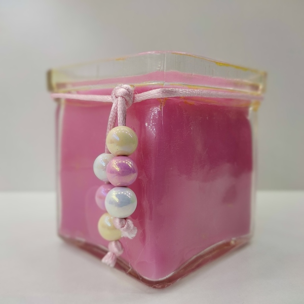 Κερί χειροποίητο ρόζ με άρωμα φράουλα σε τετράγωνο γυάλινο βάζο 7εκ Χ7 - αρωματικά κεριά - 2