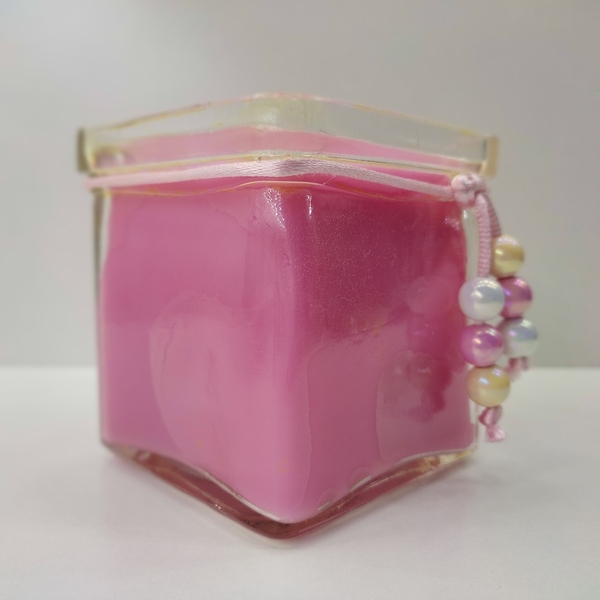 Κερί χειροποίητο ρόζ με άρωμα φράουλα σε τετράγωνο γυάλινο βάζο 7εκ Χ7 - αρωματικά κεριά - 3