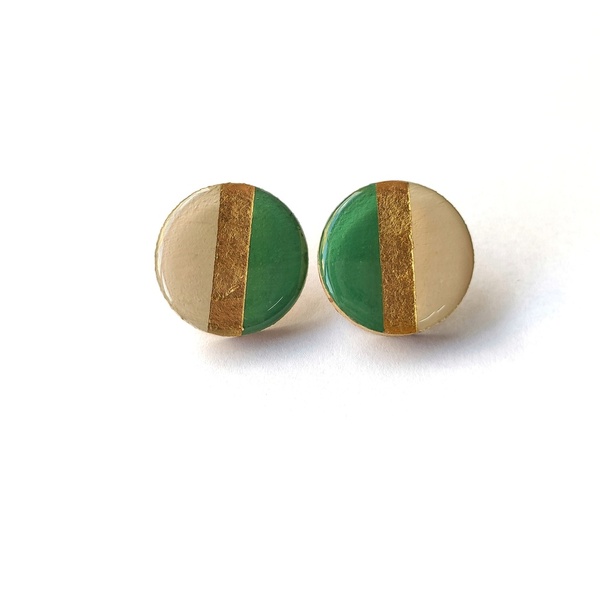 πράσινα-μπεζ-χρυσά σκουλαρίκια από φελλό - διάμετρος 2,5 εκ. - καρφωτά, μικρά, καρφάκι