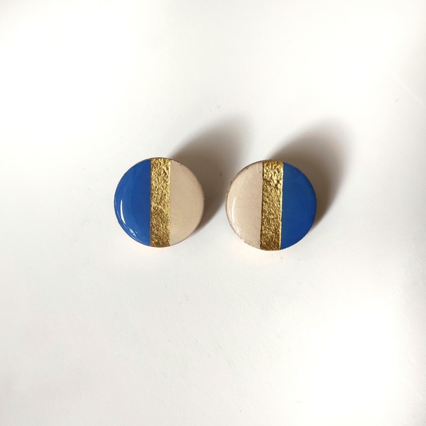 μπλε-μπεζ-χρυσά σκουλαρίκια από φελλό - διάμετρος 2,5 εκ. - καρφωτά, μικρά, καρφάκι