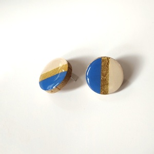 μπλε-μπεζ-χρυσά σκουλαρίκια από φελλό - διάμετρος 2,5 εκ. - καρφωτά, μικρά, καρφάκι - 2