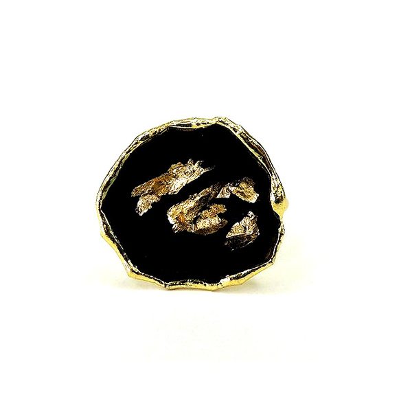 Δακτυλίδι μαύρο μικρό με υγρό γυαλί και φύλλα ψευδόχρυσου. - γυαλί, χριστουγεννιάτικο, μπρούντζος, μεγάλα, αυξομειούμενα - 2