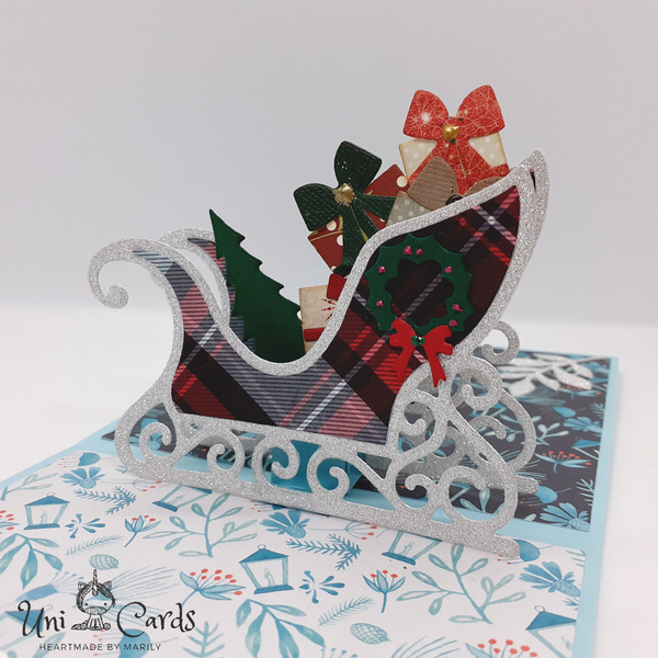 Χριστουγεννιάτικη pop up κάρτα με έλκηθρο - άγιος βασίλης, ευχετήριες κάρτες - 2