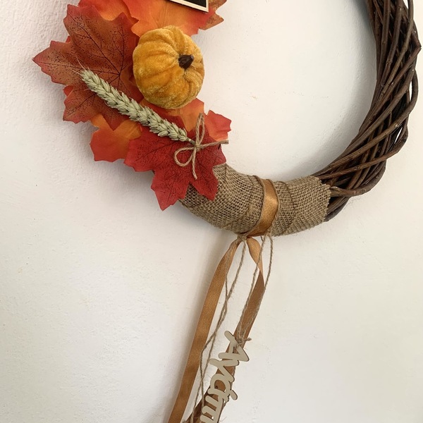 Φθινοπωρινό Στεφάνι με φύλλα και κολοκύθες Hello Fall - πίνακες & κάδρα, φθινόπωρο - 2