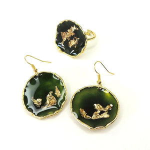 Σετ σκουλαρικιών Μεγάλο με δαχτυλίδι | Πράσινο χρώμα - σετ κοσμημάτων, γυαλί, ατσάλι