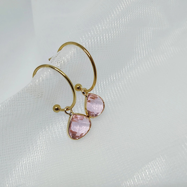 "Σκουλαρίκια κρίκοι με μικρές σταγόνες σε ροζ χρώμα" - επιχρυσωμένα, δάκρυ, κρίκοι, ατσάλι - 3