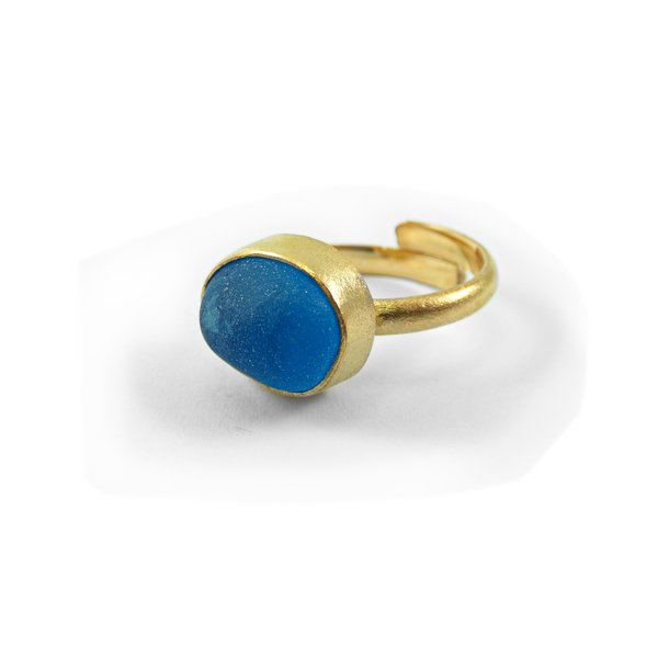 " Blue Seaglass ring" - Xειροποίητο επίχρυσο 18κ ματ δαχτυλίδι με γυαλάκι της θάλασσας! - γυαλί, επιχρυσωμένα, αυξομειούμενα - 2