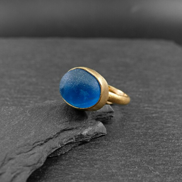 " Blue Seaglass ring" - Xειροποίητο επίχρυσο 18κ ματ δαχτυλίδι με γυαλάκι της θάλασσας! - γυαλί, επιχρυσωμένα, αυξομειούμενα - 3