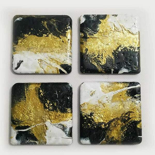 Κεραμικά σουβέρ χειροποίητα σετ 4 τεμ. 10Χ10 εκατοστά χρυσό & μαύρο - σουβέρ, θάλασσα, διακοσμητικά