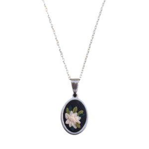 Peony pendant | Χειροποίητο μεταγιόν με παιώνια από πολυμερικό πηλό (ατσάλι) (αυξομειούμενο, 45εκ.+ 5εκ.) - λουλούδι, ατσάλι, πηλός, κοντά, μενταγιόν