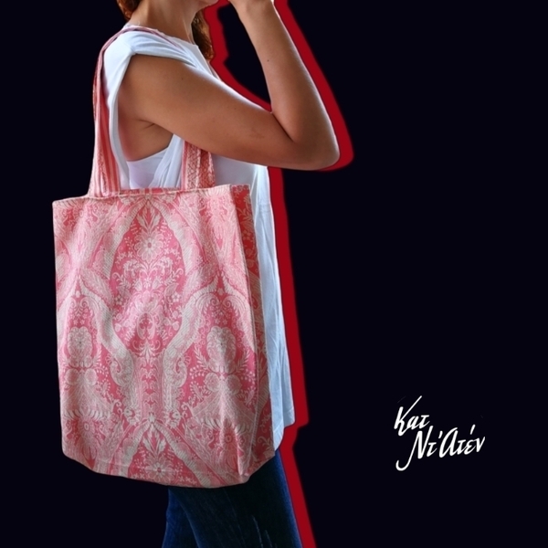 ΠΡΟΣΦΟΡΑ! Βαμβακερή τσάντα 40Χ43 βινταζ ζακαρ κοραλλί, shopping bag, beach bag, tote. - vintage, ώμου, all day, δώρα για δασκάλες, πάνινες τσάντες