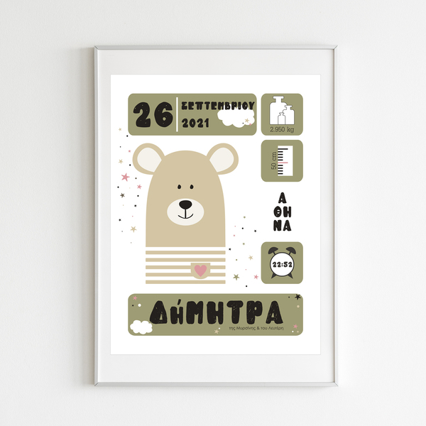 Αναμνηστικό πόστερ γέννησης 30x40 για κοριτσάκι - Μπεζ Αρκούδος - κορίτσι, αφίσες, ενθύμια γέννησης - 2