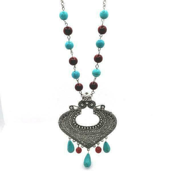 Κολιέ με μεταλλικό αραβικό στιλ με turquoise beads - δώρα γενεθλίων, δώρα για γυναίκες