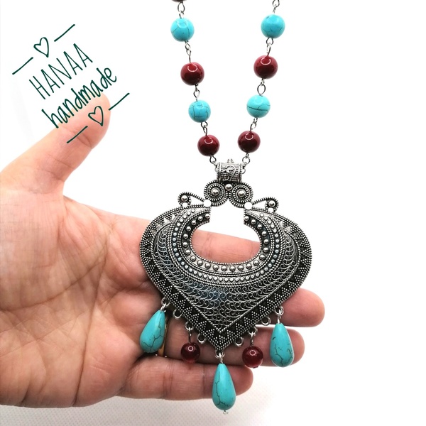 Κολιέ με μεταλλικό αραβικό στιλ με turquoise beads - δώρα γενεθλίων, δώρα για γυναίκες - 4