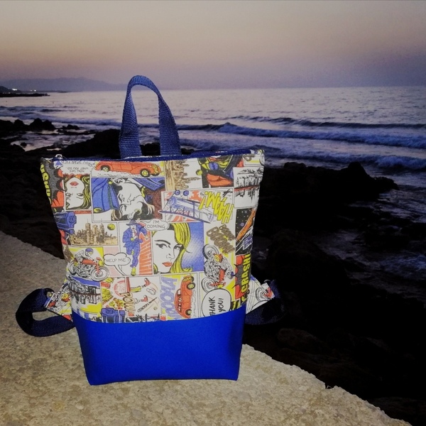 Backpack pop Art, μπλε δερματίνη 35*33*9 cm - ύφασμα, πλάτης, μεγάλες, all day, δερματίνη - 2