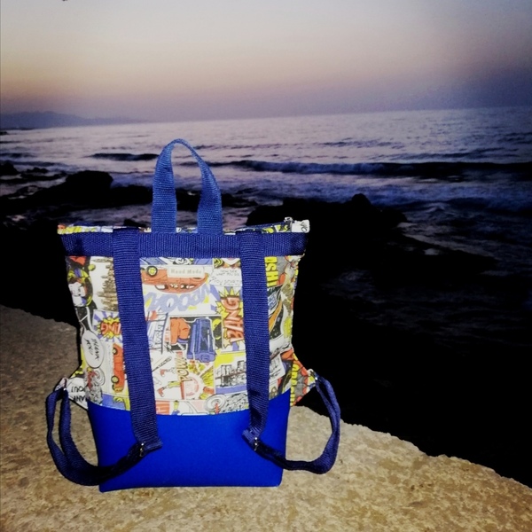 Backpack pop Art, μπλε δερματίνη 35*33*9 cm - ύφασμα, πλάτης, μεγάλες, all day, δερματίνη - 3
