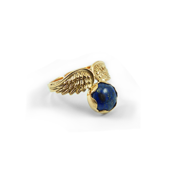 "Lapis Winds" - Χειροποίητο δαχτυλίδι, επίχρυσο, με ημιπολύτιμο λίθο Lapis Lazuli (10mm). - ημιπολύτιμες πέτρες, επιχρυσωμένα, φτερό, αυξομειούμενα