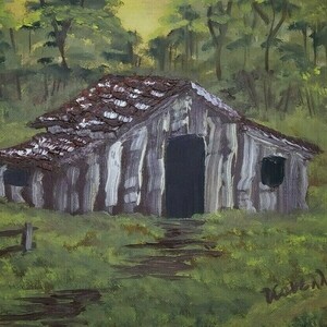 Painitng Canvas House in the woods dawn - ζωγραφισμένα στο χέρι, πίνακες & κάδρα, πίνακες ζωγραφικής - 4