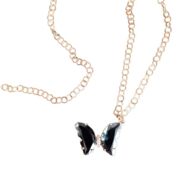Ατσάλινη χρυσή αλυσίδα κολιέ με κρυστάλλινη μαύρη πεταλούδα μήκος 50 εκ.-Αντίγραφο - charms, πεταλούδα, κοντά, ατσάλι, φθηνά