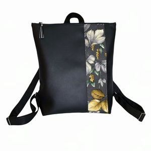 Backpack μαύρο με λωρίδα ύφασμα με φύλλα - πλάτης, all day, δερματίνη, ύφασμα, μεγάλες