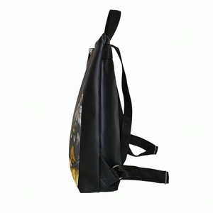 Backpack μαύρο με λωρίδα ύφασμα με φύλλα 35*33*9 - ύφασμα, πλάτης, μεγάλες, all day, δερματίνη - 4