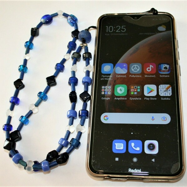 Λουράκι κινητού με μπλε-άσπρες γυάλινες και κεραμικές χάντρες - κορδόνια, χάντρες, λουράκια - 3