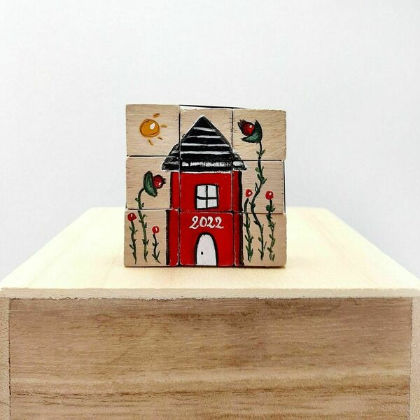 Γουράκι 22 puzzle κόκκινο σπιτάκι - (5x5εκ) - ξύλο, ζωγραφισμένα στο χέρι, γούρια - 2