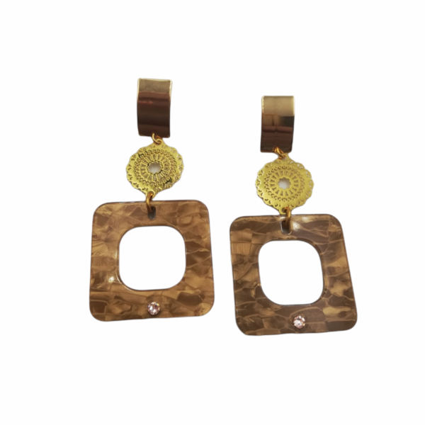 Σκουλαρίκια με χρυσά/μπεζ-καφέ στοιχεία - plexi glass, μεγάλα, καρφάκι
