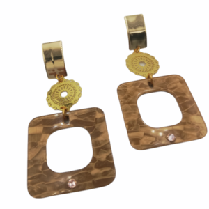 Σκουλαρίκια με χρυσά/μπεζ-καφέ στοιχεία - plexi glass, μεγάλα, καρφάκι - 2