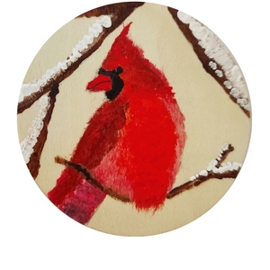 Στολίδι πουλί καρδινάλιος σε ξύλινη φέτα - ξύλο, στολίδια, πουλάκι - 2