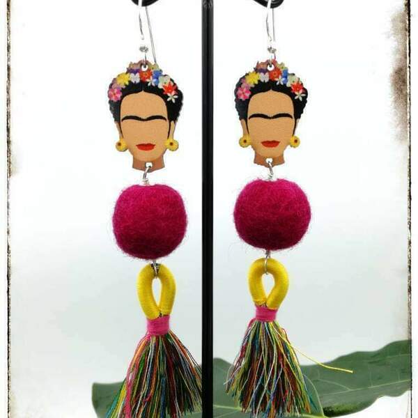 Μακριά boho σκουλαρίκια "Frida" με τσόχα - ασήμι, με φούντες, κρεμαστά, μεγάλα, frida kahlo - 2