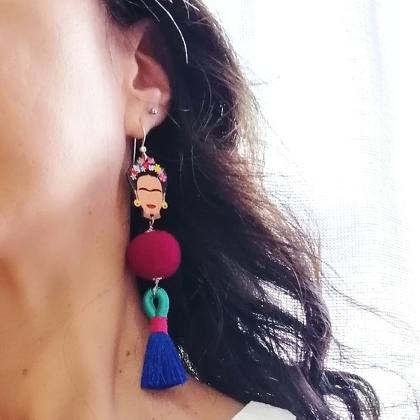 Μακριά boho σκουλαρίκια "Frida" με τσόχα - ασήμι, με φούντες, κρεμαστά, μεγάλα, frida kahlo - 3