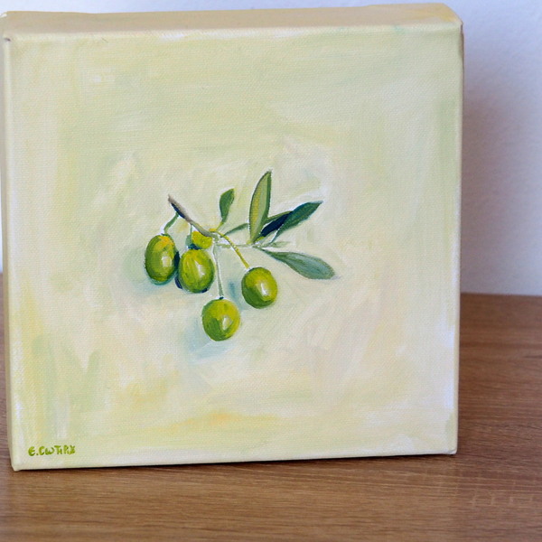 Πίνακας ζωγραφικής με θέμα "Κλαδάκι με Πράσινες ελιές" - πίνακες & κάδρα, πίνακες ζωγραφικής