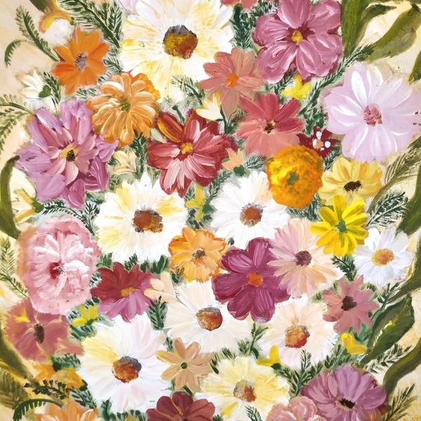 Ζωγραφική σε ξύλο, πολύχρωμα λουλούδια - Colorful Daisy Bouquet - πίνακες & κάδρα, πίνακες ζωγραφικής - 3