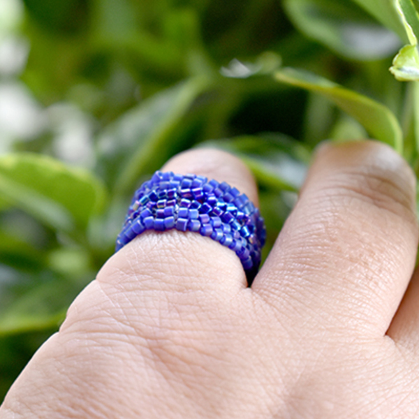 Μπλε ελεκτρίκ δαχτυλίδι με χάντρες miyuki - χάντρες, miyuki delica, boho, σταθερά, μεγάλα - 5