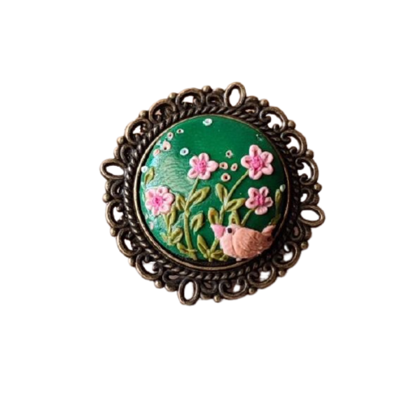 Δαχτυλίδι από πολυμερικό πηλό χειροποίητα σε πράσινο φόντο σχέδιο λουλούδια με πουλακι - ορείχαλκος, πηλός, λουλούδι, αυξομειούμενα