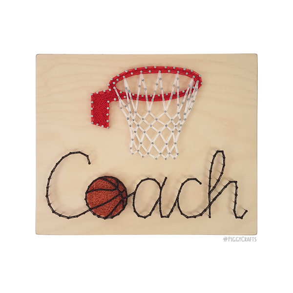 Ξύλινο κάδρο με καρφιά & κλωστές "Basket Coach" 30x25cm - πίνακες & κάδρα, δώρο