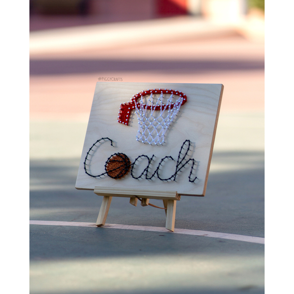 Ξύλινο κάδρο με καρφιά & κλωστές "Basket Coach" 30x25cm - πίνακες & κάδρα, δώρο - 4