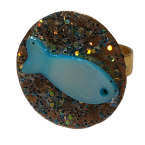 Χειροποίητο δαχτυλίδι από μπρούντζο με ψαράκι και glitter - ψάρι, μπρούντζος, σταθερά, μεγάλα