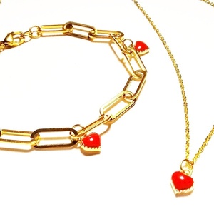 Χρυσό ατσάλινο κολιέ με κόκκινη καρδιά -45 εκ. - charms, επιχρυσωμένα, καρδιά, κοντά, ατσάλι - 2