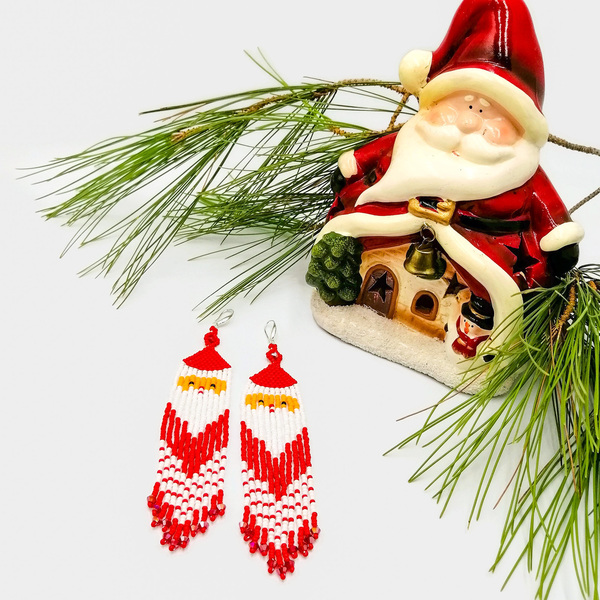 Κρεμαστά Χριστουγεννιάτικα Σκουλαρίκια από Γυάλινες Χάντρες - χριστουγεννιάτικο, κρεμαστά, μεγάλα, άγιος βασίλης - 5