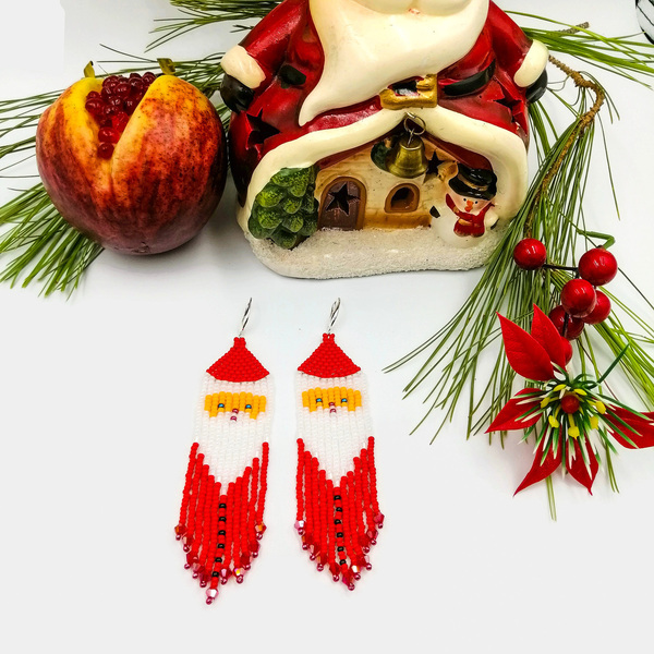 Χριστουγεννιάτικα Σκουλαρίκια από Γυάλινες Χάντρες - κρεμαστά, μεγάλα, χριστουγεννιάτικα δώρα, άγιος βασίλης - 4