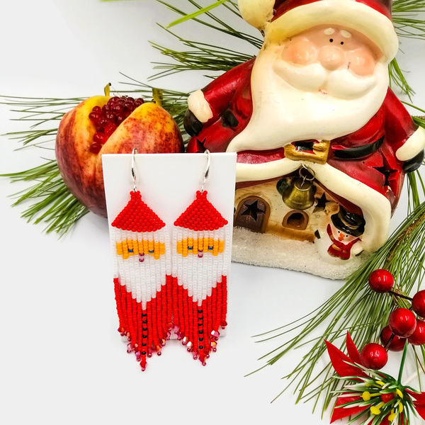 Χριστουγεννιάτικα Σκουλαρίκια από Γυάλινες Χάντρες - κρεμαστά, μεγάλα, χριστουγεννιάτικα δώρα, άγιος βασίλης - 5