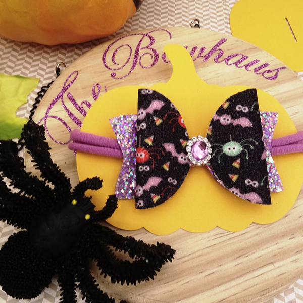 Παιδική Κορδέλα Φιόγκος Halloween Αραχνούλες Μαύρο Μoβ 9x6 - halloween, βρεφικά, για παιδιά, αξεσουάρ μαλλιών, headbands - 2