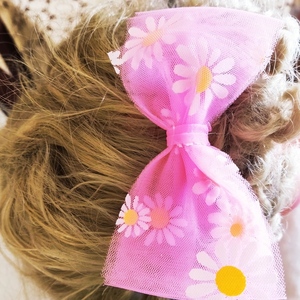 Στέκα σατέν με ροζ φιόγκο μαργαρίτες - φιόγκος, για τα μαλλιά, στέκες μαλλιών παιδικές, αξεσουάρ μαλλιών - 3