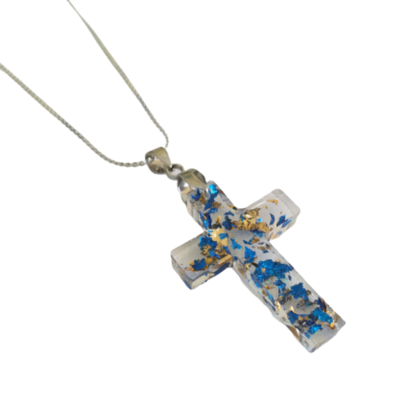 Σταυρός διάφανος με νιφάδες μπλε χρυσό, από υγρό γυαλί, μήκος 45εκ - σταυρός, χειροποίητα, κοντά, φθηνά, μενταγιόν