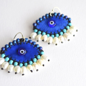 Σκουλαρίκια evil eye μπλε βελούδο - ασήμι, ημιπολύτιμες πέτρες, επιχρυσωμένα, μικρά, κρεμαστά
