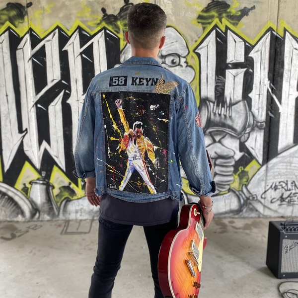 Freddie Mercury σε τζιν τζάκετ ( jean jacket ) handpainted medium - ζωγραφισμένα στο χέρι, customized - 5